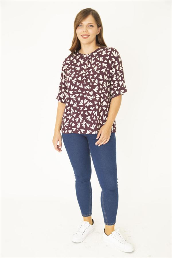 Kadın Büyük Beden Mürdüm Dokuma Viskon Kumaş Ön Pat Düğmeli Kısa Kollu Gömlek 65N36992