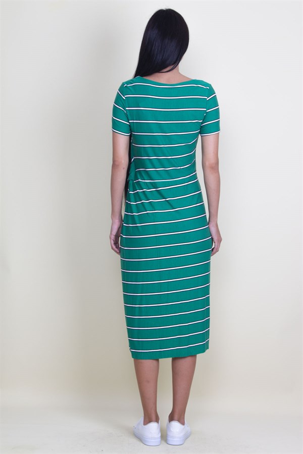 ÇİZGİ KOMBİNLİ BEL DETAYLI ETEK KISMI ANVELOP KESİM ELBİSE