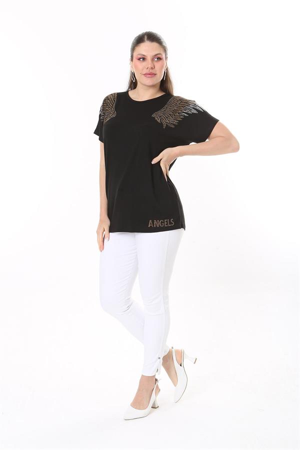 Kadın Büyük Beden Saks Angels Taş Detaylı Kısa Kollu Bluz 65N37675