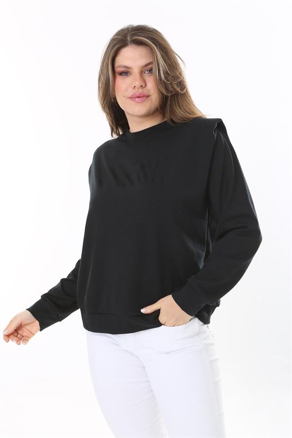 Women's Plus Size Black Shoulder Detailed Front Printed Sweatshirt 65N38050