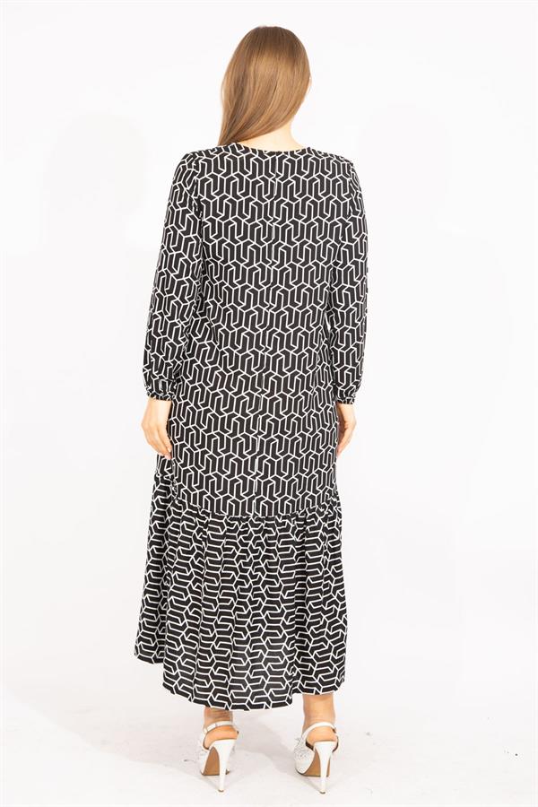 Kadın Siyah Dokuma Viskon Kumaş Etek Ucu Katlı Uzun Kollu Elbise 65N35511