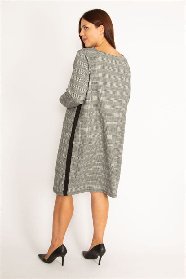 Kadın Gri Ekose Desenli Yan Şerit Detaylı Elbise 65N34611