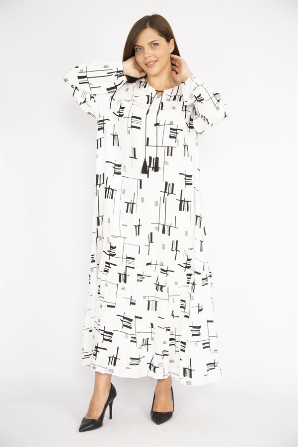 Kadın Beyaz Büyük Beden Dokuma Viskon Kumaş Etek Ucu Katlı Uzun Kollu Elbise