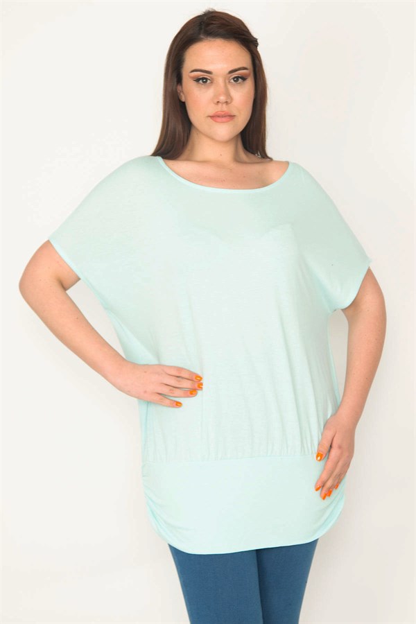 Kadın Camgöbeği Yeşil Bisiklet Yaka Etek Ucu Bantlı Düşük Kollu Tunik 65N32563