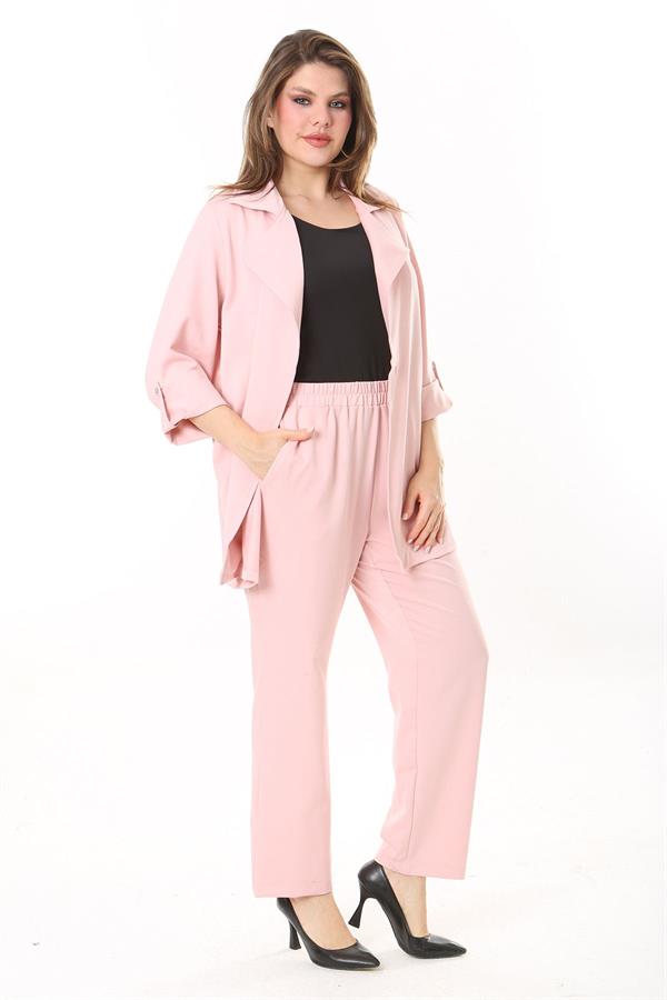 Kadın Büyük Beden Pembe Kol Boy Ayarlı Astarsız Ceket Ve Beli Lastikli Pantolon Takım 65N37779
