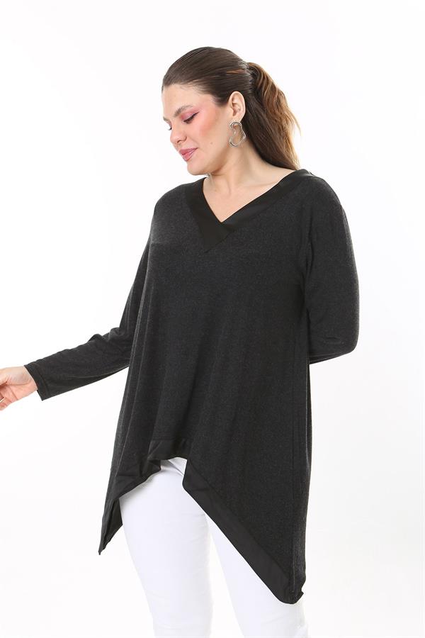 Kadın Büyük Beden Antrasit Yaka Ve Etek Ucu Saten Garnili Uzun Kollu Bluz 65N37686