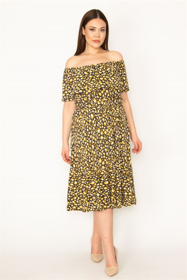 KADIN KEMİK PUAN DESEN YAKASI LASTİK VE VOLAN DETAYLI ETEĞİ KATLI DOKUMA VİSKON KUMAŞ ELBİSE