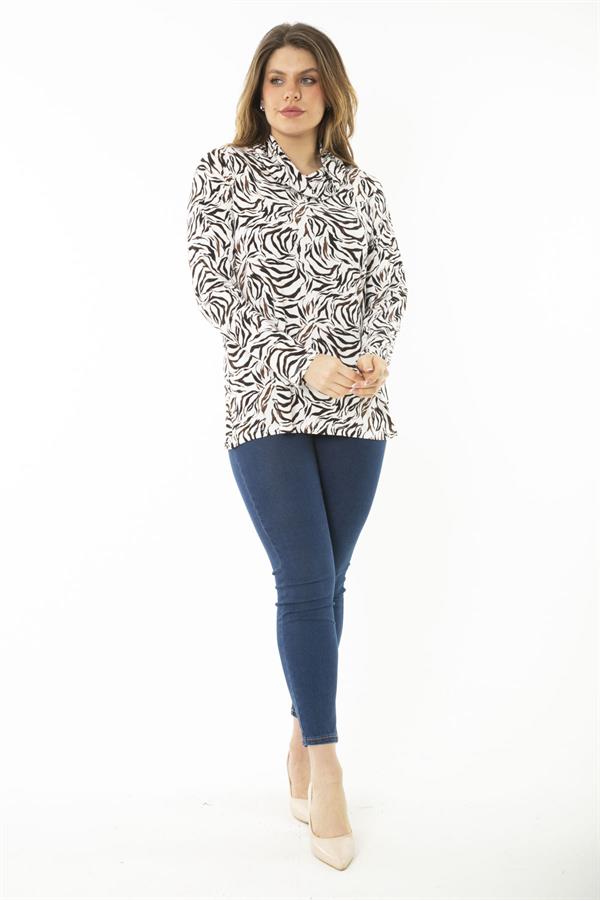 Kadın Büyük Beden Renkli Boğazlı Yaka Uzun Kollu Bluz 65N37145