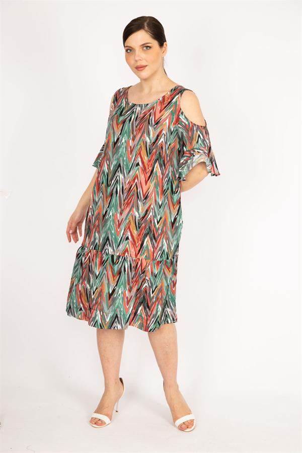 Kadın Fujya Büyük Beden Omuz Dekolteli Dokuma Viskon Kumaş Yan Cepli Elbise