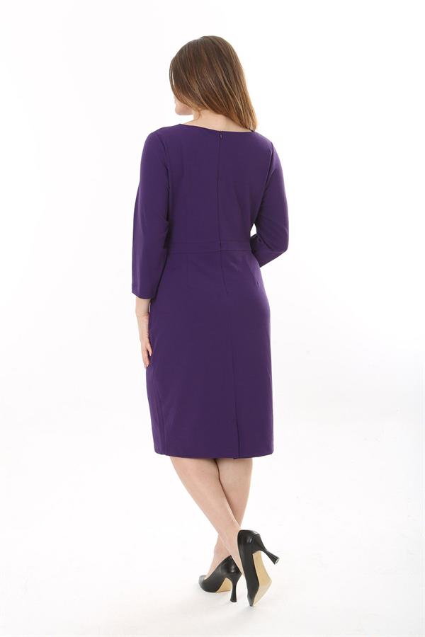 Kadın Büyük Beden Mor Likralı Krep Kumaş Astarlı Gizli Fermuarlı Elbise 65N37656
