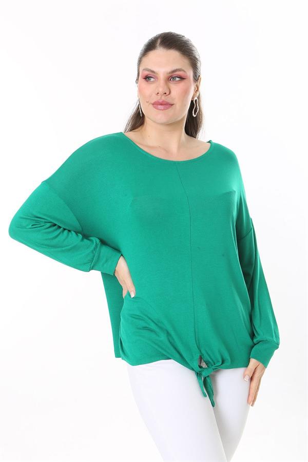 Kadın Büyük Beden Saks Önden Bağlamalı Uzun Kollu Bluz 65N37695