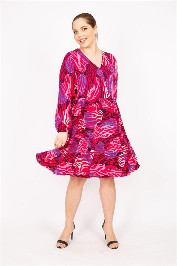 Kadın Fujya Büyük Beden Dokuma Viskon Kumaş V Yaka Katlı Elbise 65N35833