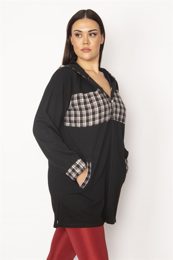 Kadın Bordo Ekose Desen Detaylı Kapşonlu Mont 65N29568