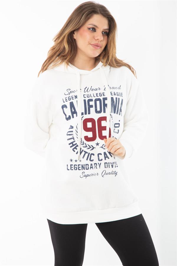 Kadın Büyük Beden Kemik İçi Şardonlu Üç İplik Kapşonlu Sweatshirt 65N37294