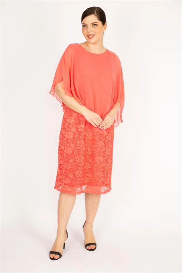 Kadın Lacivert Büyük Beden Şifon Pelerinli Astarlı Dantel Elbise