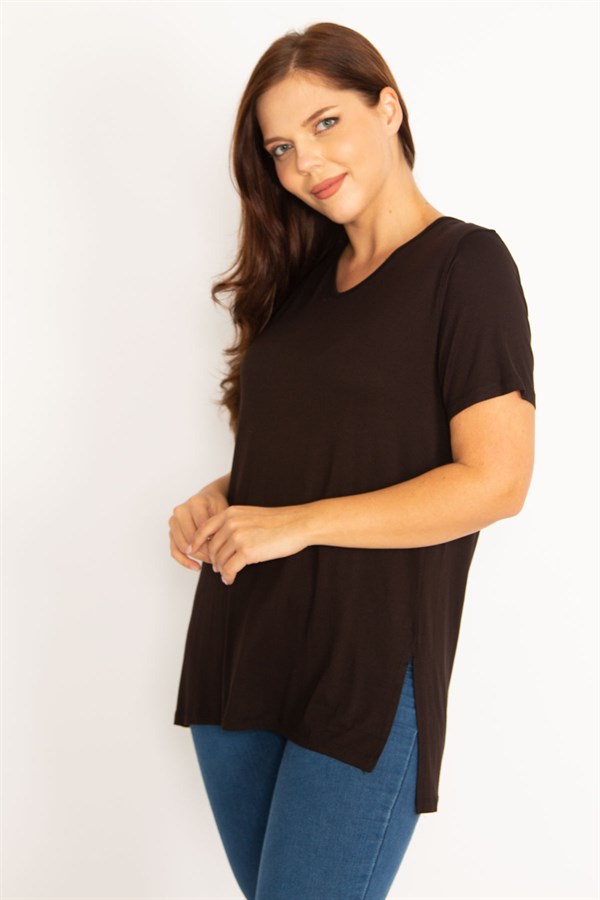 Kadın Siyah V Yaka Yan Yırtmaçlı Bluz 65N34799