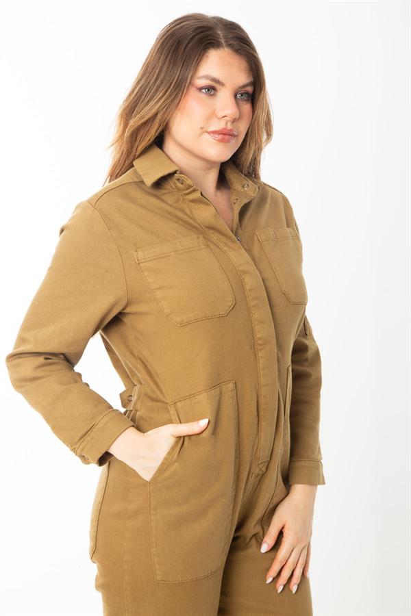 Women's Khaki Front Hidden Snap Button Pocket Denim Overalls 65N37370