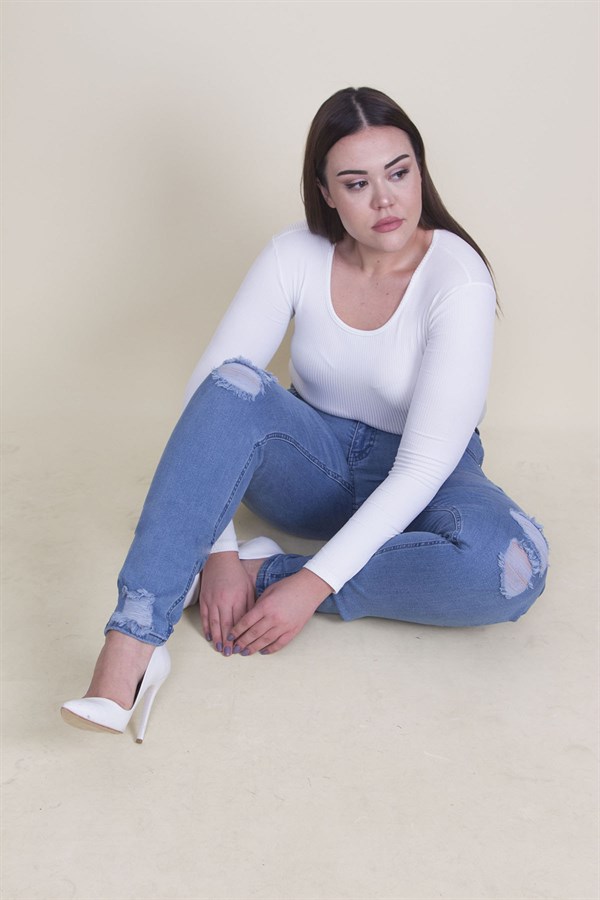 Kadın Mavi Yırtık Detaylı Likralı Kot Skinny Pantolon 65N35338