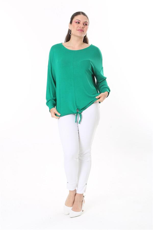 Kadın Büyük Beden Saks Önden Bağlamalı Uzun Kollu Bluz 65N37695