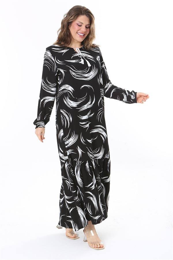 Kadın Büyük Beden Siyah Dokuma Viskon Kumaş Etek Ucu Katlı Uzun Kollu Elbise 65N37958