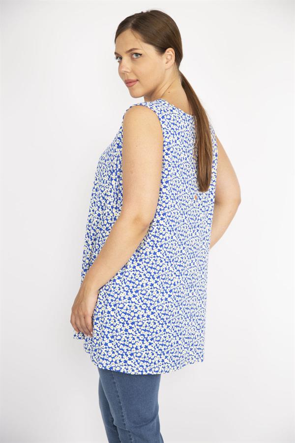 Kadın Mavi Büyük Beden V Yakalı Önü A Pile Çiçek Desenli Bluz
