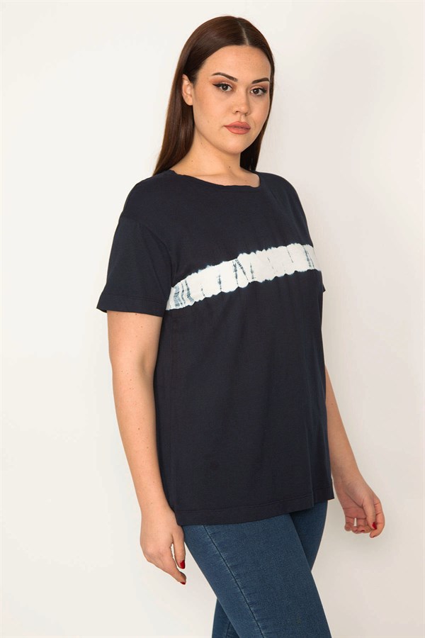 KADIN LACİVERT BİSİKLET YAKALI BASKILI BLUZ