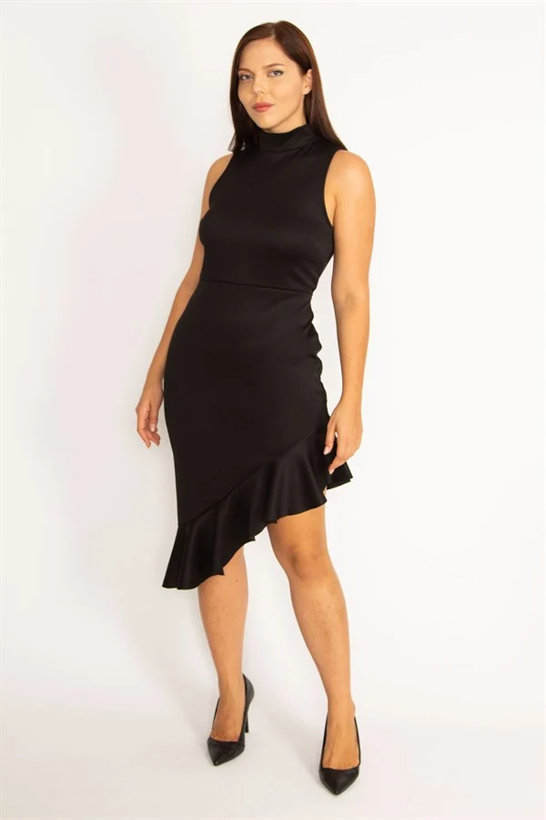WOMEN'S BLACK FLOUNCED SKIRT DRESS WITH HIDDEN BACK ZIPPER