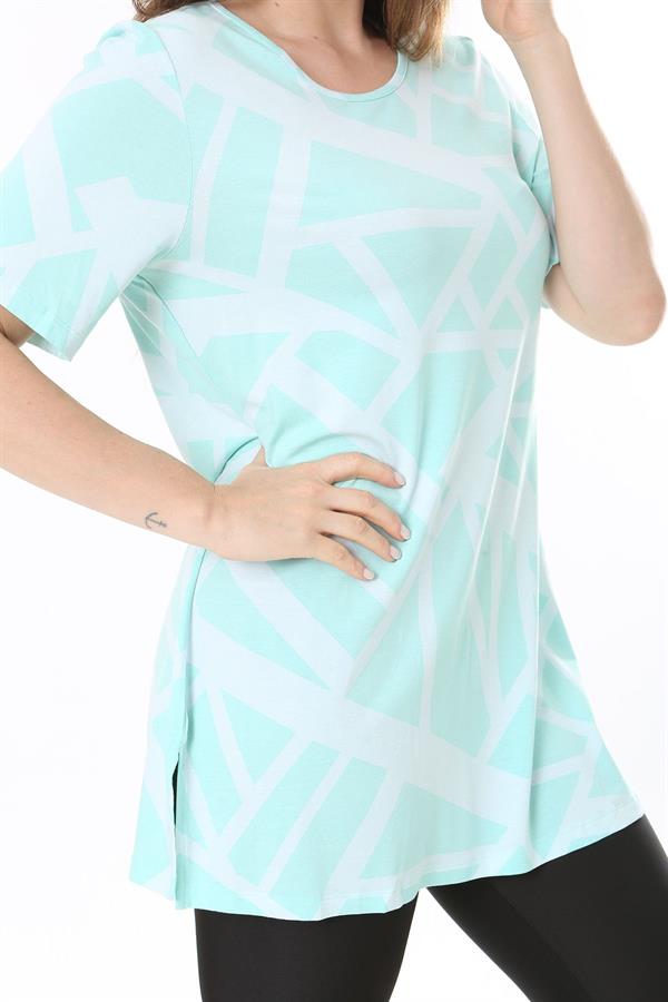 Kadın Büyük Beden Yeşil Bisiklet Yakalı Kısa Kollu Çizgili Tunik 65N37851