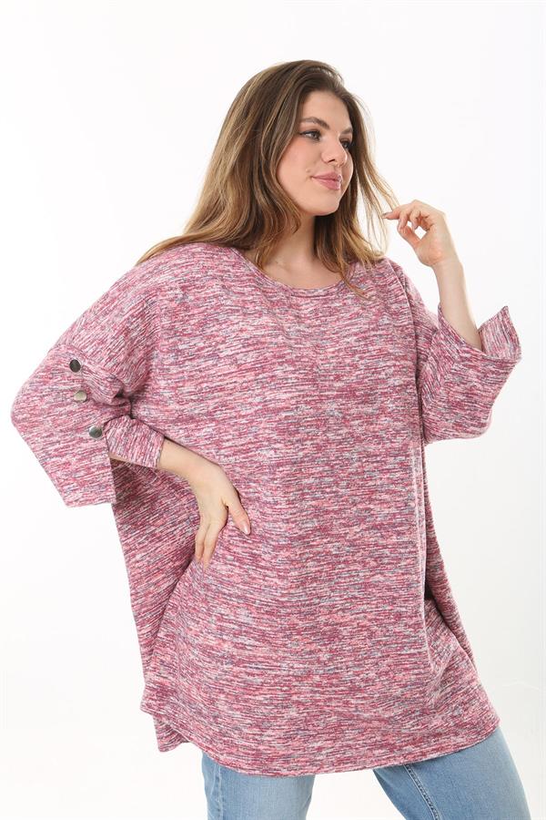 Kadın Büyük Beden Yeşil Kolları Süs Metal Düğmeli Kırçıllı Kalın Tunik 65N37403