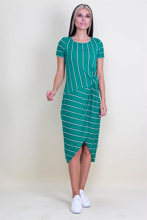 ÇİZGİ KOMBİNLİ BEL DETAYLI ETEK KISMI ANVELOP KESİM ELBİSE