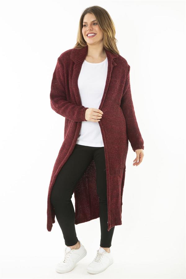 Kadın Büyük Beden Bordo Yırtmaçlı Kalın Triko Uzun Hırka 65N37131