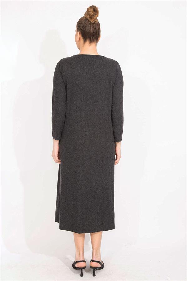 Kadın Antrasit Suni Deri Garnili Uzun Kollu Elbise 65N35528
