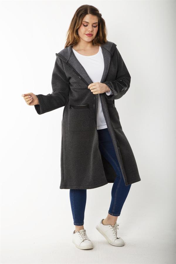 Kadın Büyük Beden Füme Ön Fermuarlı Kapşonlu Astarsız Suni Deri Garnili Kaban 65N37179