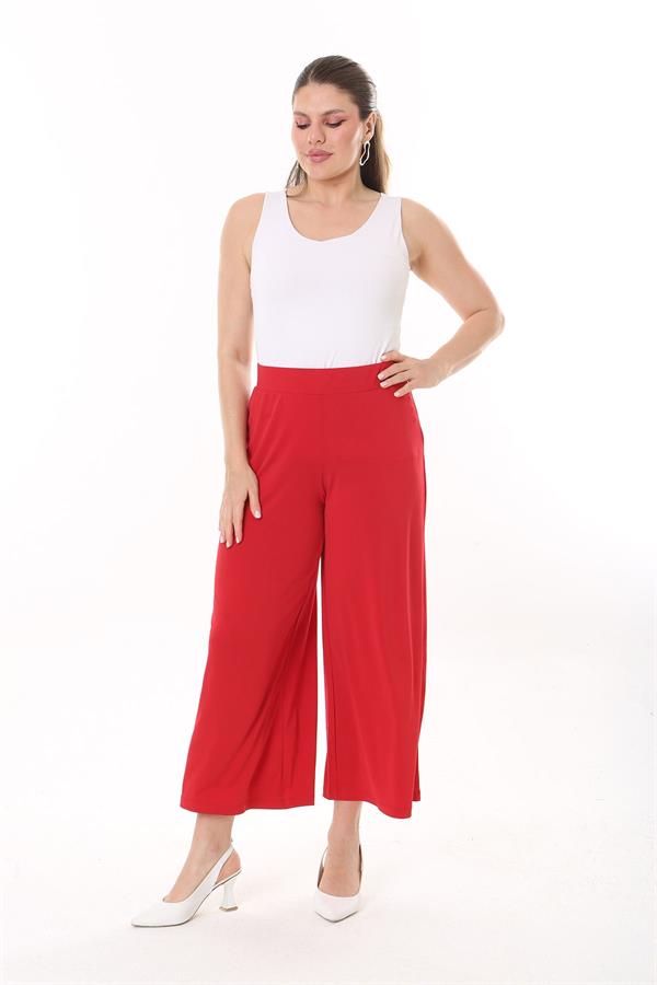 Kadın Büyük Beden Kırmızı Geniş Paçalı Beli Lastikli Likralı Sandy Kumaş Pantolon 65N37443