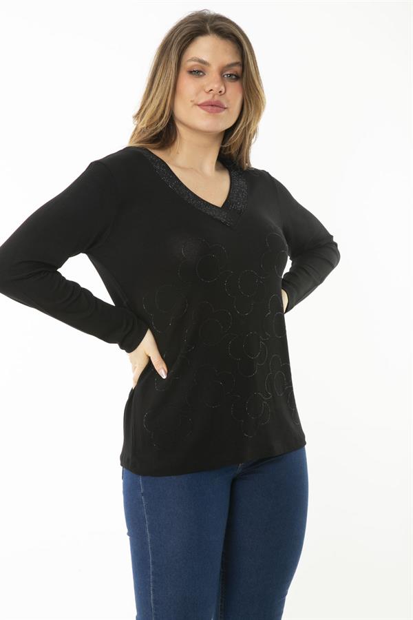 Kadın Büyük Beden Saks V Yakalı Taş Detaylı Uzun Kollu Bluz 65N37153