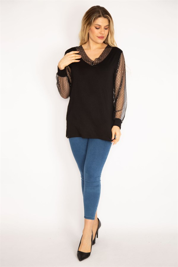 Kadın Mürdüm Yaka Ve Kolları Simli Tül Bluz 65N35185