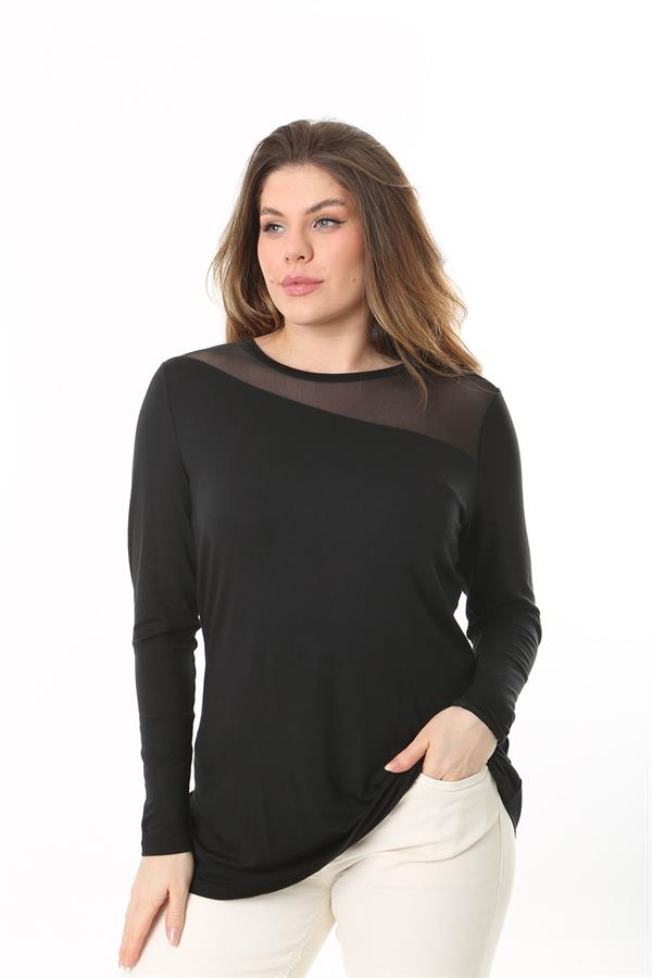 Kadın Büyük Beden Siyah Ön Ve Arka Yakası Tül Detaylı Uzun Kollu Bluz 65N37538
