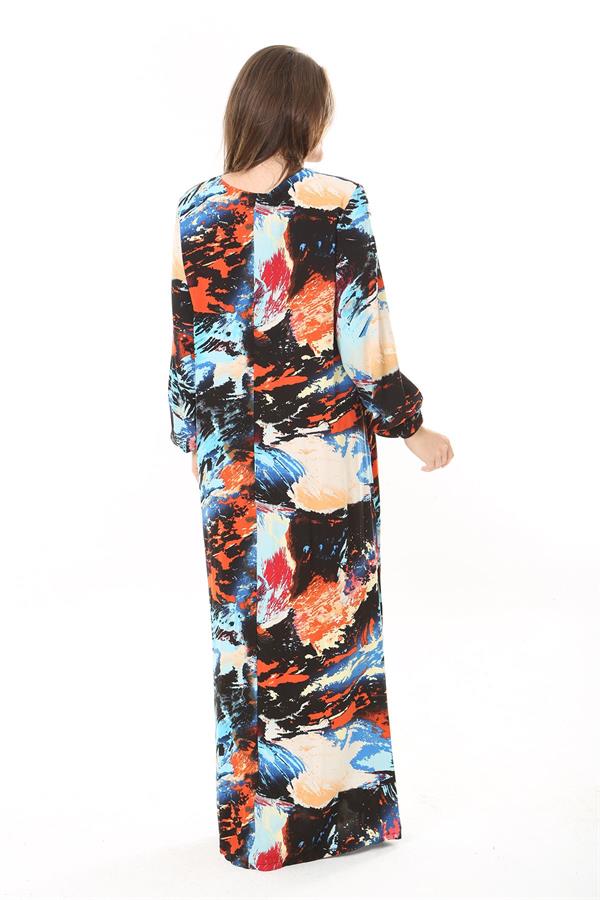 Kadın Büyük Beden Mavi Yaka Bağcıklı Uzun Kollu Maksi Boy Elbise 65N37869