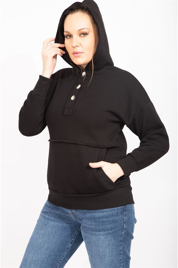 Kadın Siyah İçi Şardonlu 2 İplik Kumaş Ön Pat Düğmeli Kanguru Cep Ve Kapşonlu Sweatshirt 65N35462