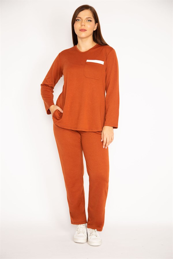 Kadın Camel V Yakallı Bluz Pantolon Takım 65N34658