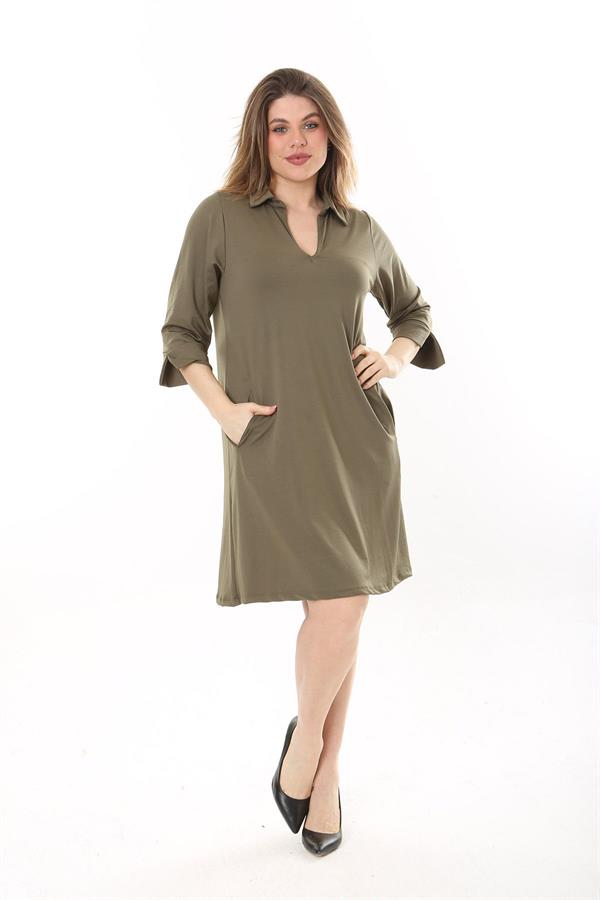 Kadın Büyük Beden Haki V Yakalı Cepli Krep Elbise 65N37658