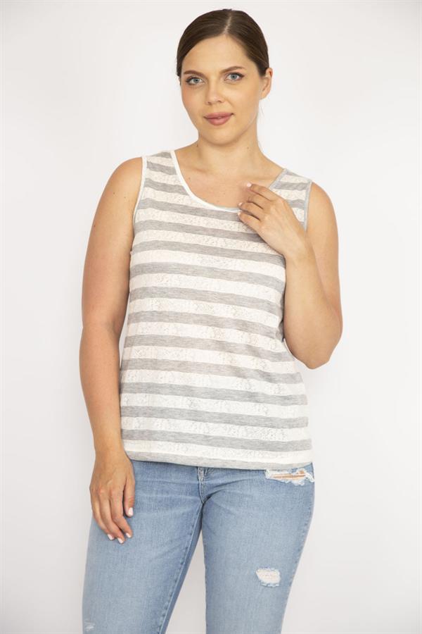 Kadın Gri Büyük Beden Bisiklet Yakalı Kolsuz Çizgili Bluz