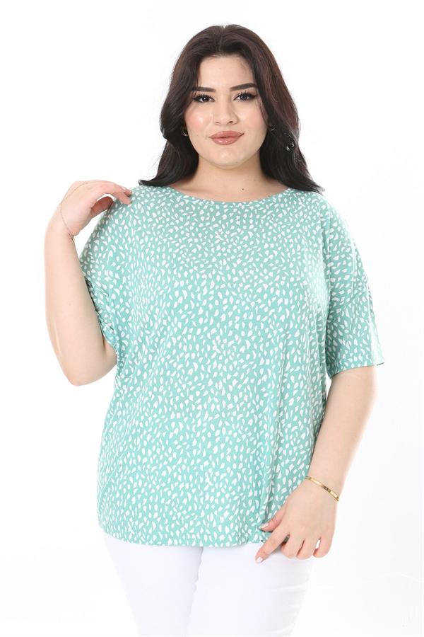 Kadın Büyük Beden Yeşil Bisiklet Yakalı Kısa Kollu Likralı Viskon Bluz 65N38000
