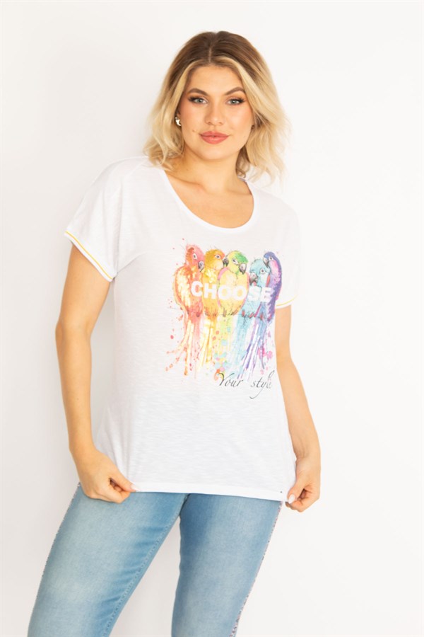 Kadın Beyaz Ön Baskılı Kolları Ribanalı Bluz 65N34715