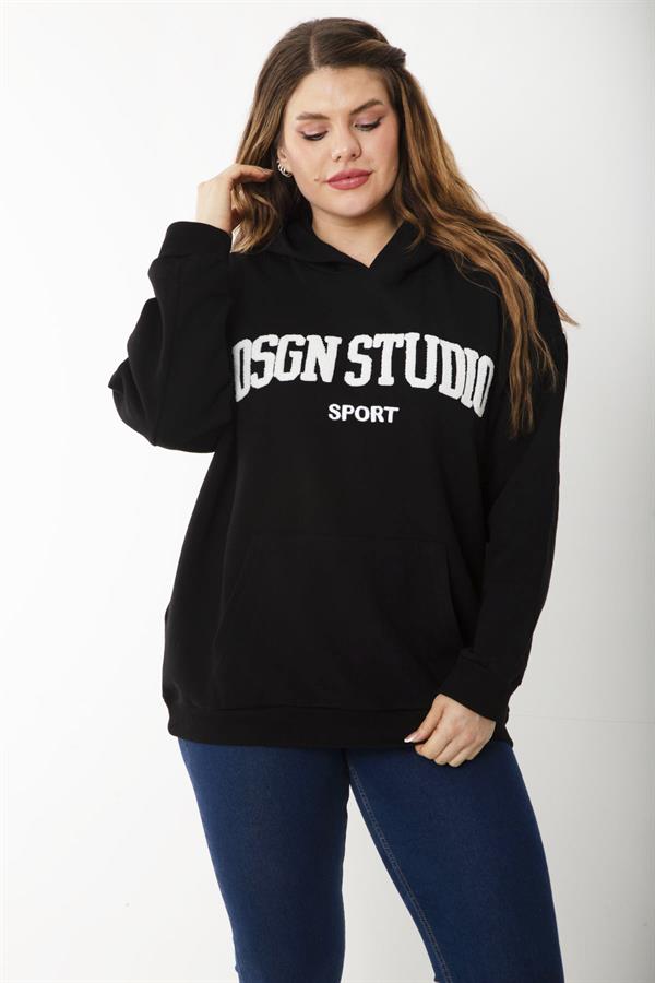 Women's Plus Size Black Embroidered Inside and Hooded Detailed Sweatshirt 65N37203