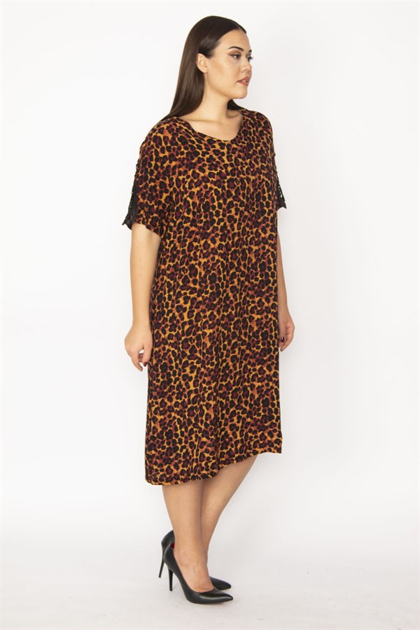 Kadın Leo Dantel Detaylı V Yakalı Leopar Desenli Elbise 65N29933