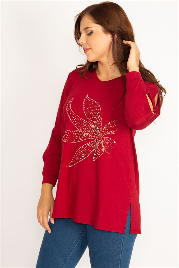 Kadın Bordo Kol Dekolteli Taş Detaylı Bluz 65N34764