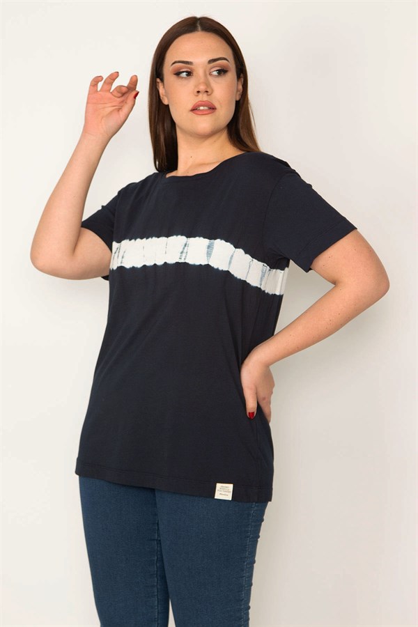 KADIN LACİVERT BİSİKLET YAKALI BASKILI BLUZ
