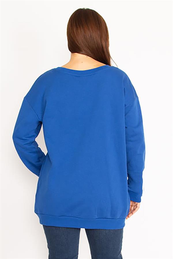 Kadın Saks Büyük Beden 3 İplik İçi Şardonlu Sweatshirt 65N35609