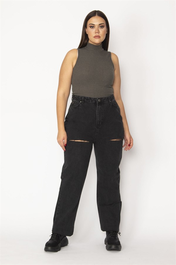 Kadın Siyah Yırtık Detaylı Geniş Basen Kot Pantolon 18N29207